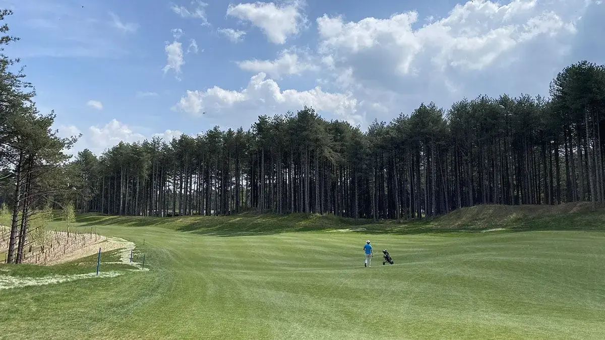 A person stands on a well-maintained golf course near La Plonplonière, Chambres d'hôtes en Côte d'Opale, surrounded by lush green grass and tall pine trees under a partly cloudy blue sky.